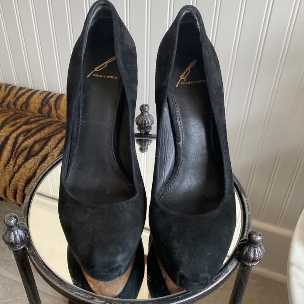 Brian Atwood size 9 black suede platform, high heels